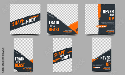 Gym and fitness promotion social media post and story template. Editable banner with brush shape background