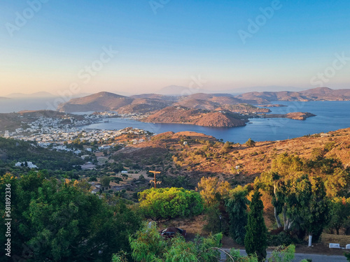 Sunset and panorama at the Greek Dodecanese island of Patmos, Greece