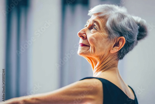 an older woman wearing dance clothing taking a ballet class, generative ai