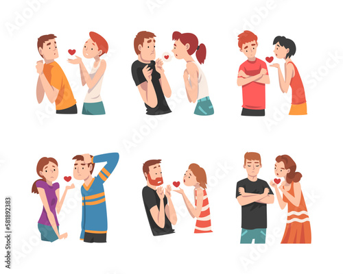Man and Woman Experiencing Unrequited Love Feeling Vector Set