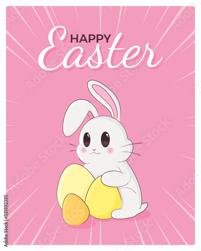 Happy Easter card with white bunny and eggs. 