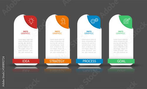 Business infographics. 4 stages of achieving the goal. Stages of the workflow, development, marketing, plan or training. Business strategy with icon icons. Report or statistics schema