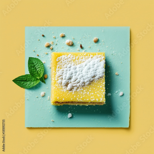 lemon bar with mint leaves on a pastel blue and yellow background, generative ai