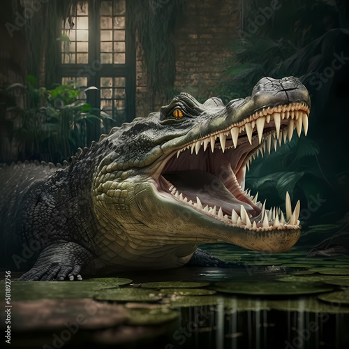 Crocodile Open Mouth. Generative AI © simpledesign79