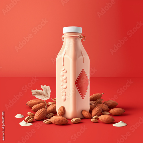 Almonds and Almond milk on red background, generative ai