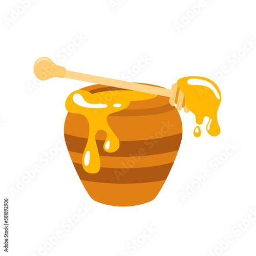 Honey pot and wooden dipper icon on white background. Vector illustration.
