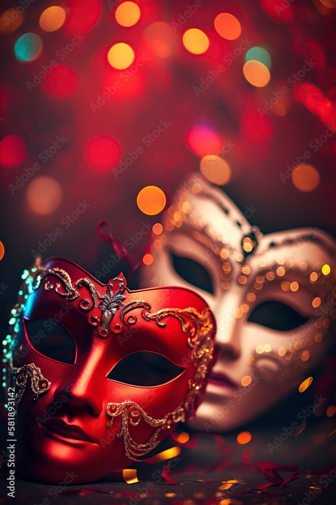 illustration, venetian mask red lights for a carnival party, ai generative