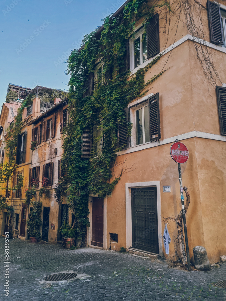 Fototapeta premium Green facade in Trastevere, Rome, Lazio, Italy Charming street in Trastevere