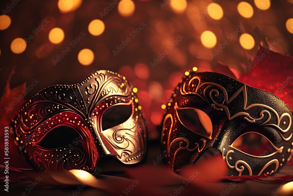 illustration, venetian mask red lights for a carnival party, ai generative