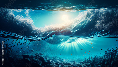 Tropical Island Scene, Deep Blue Underwater Waves and Ocean with Sun Rays, Generative AI