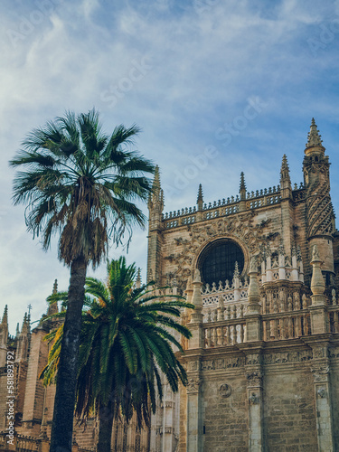 The Cathedral of Seville at dusk. Sunset in Andalusia.