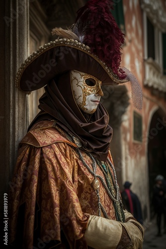 illustration, masked person in carnival costume in venice ai generative