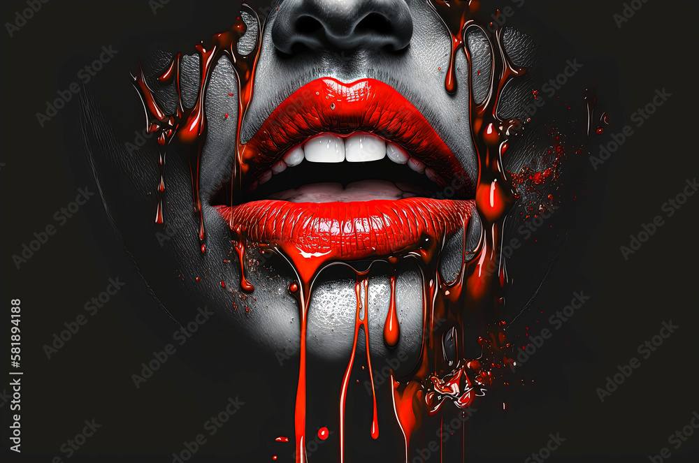 Generative AI illustration of mouth floating in the air with red lips melting and releasing colored liquid Generative AI illustration of mouth floating in the air with red lips melting and releasing colored liquid