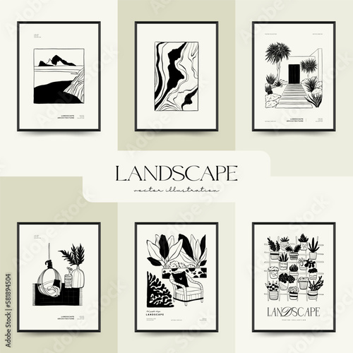Abstract landscape interior contemporary minimal aesthetic. Hand drawn linear illustrations for wall decoration, postcards or brochures, cover design, stories, social media, app design.