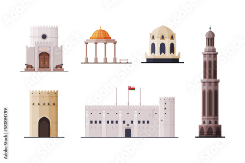 Oman Muscat City Historical Building and Landmarks with Authentic Heritage Vector Set