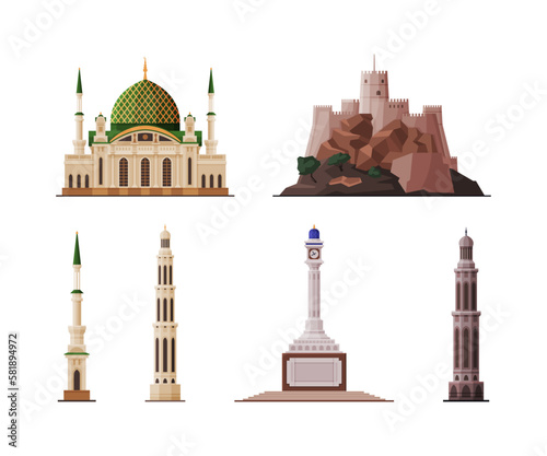 Oman Muscat City Historical Building and Landmarks with Authentic Heritage Vector Set