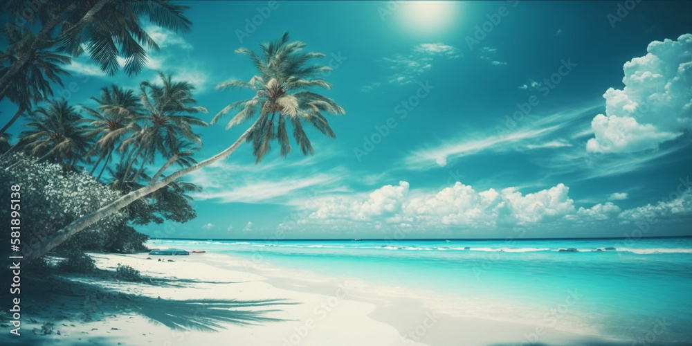 Obraz premium Beachfront Bliss: A Radiant Light Blue Sky Over the Picturesque Caribbean Beach, Inspiring Summer Holidays and Beach Vibes. AI Generated Art.