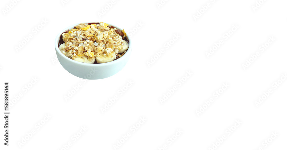 A full bowl of açaí (acai), banana, granola and etc with space to write A full bowl of açaí (acai), banana, granola and etc with space to write