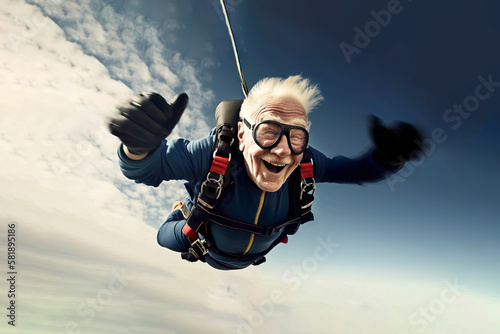 AI illustration of a grandpa showing courage and having fun by skydiving