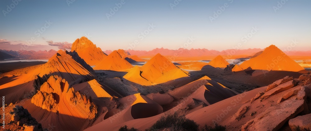 Fototapeta premium Beautiful picturesque landscape of a mountain range at dawn. Generative AI.