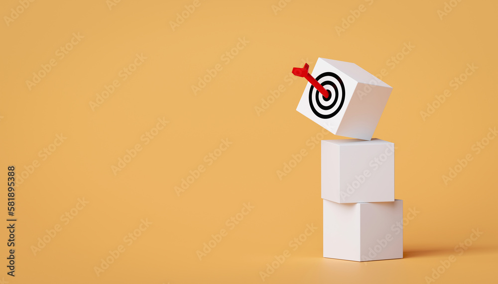 Arrow hits target board on square blocks with copy space. concept of business symbol target audience, selecting a target audience for business success, and achievement of objectives. 3D rendering