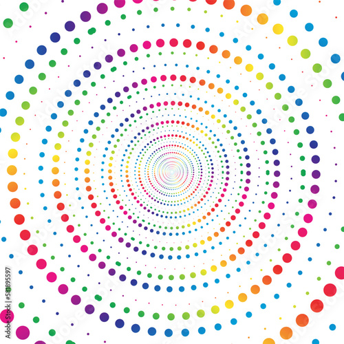 Rainbow dot circle spiral halftone on the white background. Vector illustration.