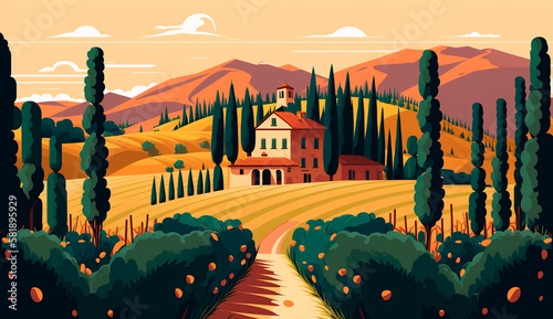 Italy Tuscan vineyards Summer landscape for design banner ticket  card  poster. Generative AI