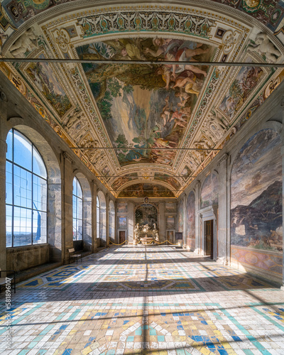 Marvelous frescoed hall in Farnese Palace in Caprarola, Province of Viterbo, Lazio, Italy.