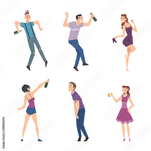 Man and Woman with Alcohol Bottle in Hands Drinking Spirits Vector Set photo