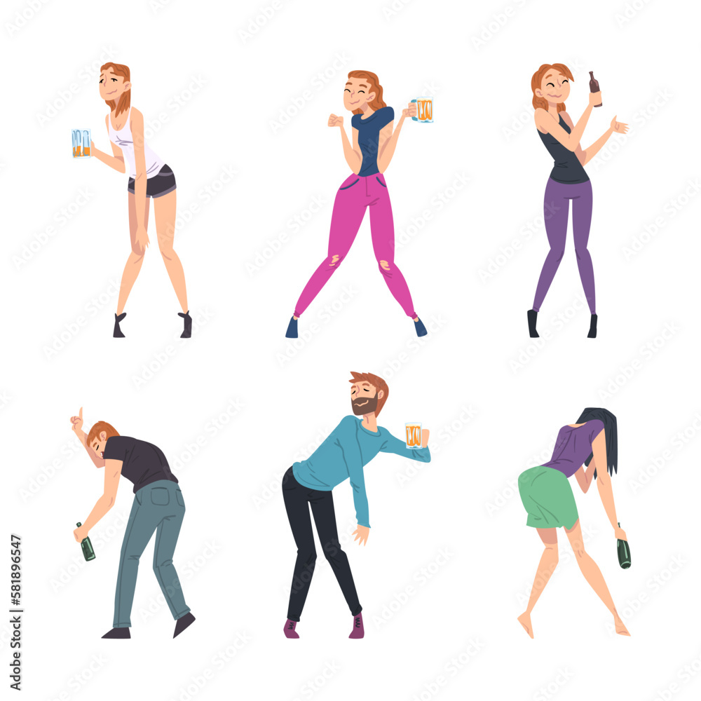 Man and Woman with Alcohol Bottle in Hands Drinking Spirits Vector Set
