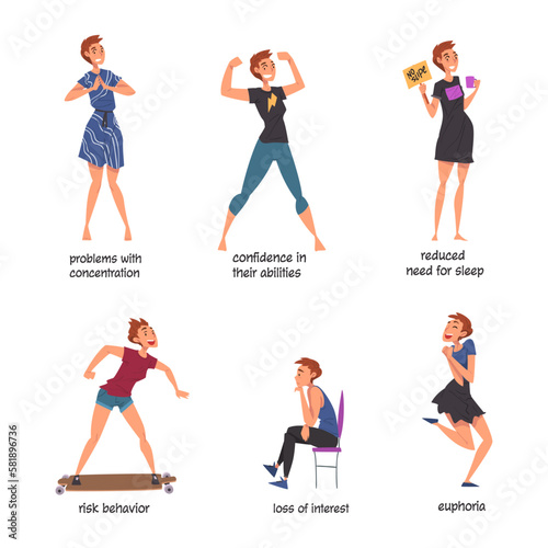 Woman with Bipolar Disorder Symptoms Suffering from Neurological Disease Vector Set