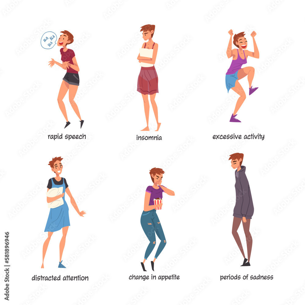 Woman with Bipolar Disorder Symptoms Suffering from Neurological Disease Vector Set Woman with Bipolar Disorder Symptoms Suffering from Neurological Disease Vector Set