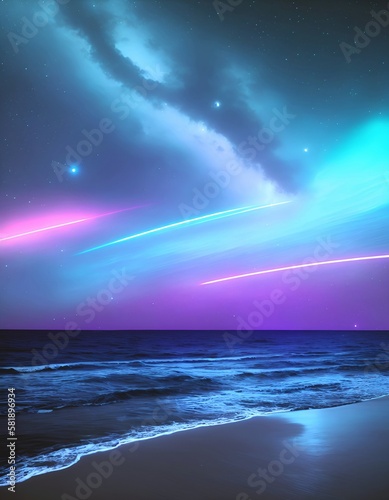 beautiful fantastic alien planet neon sky clouds  seashore background new quality universal joyful colorful universe space  stock image illustration wallpaper design, Generative AI © Serhii
