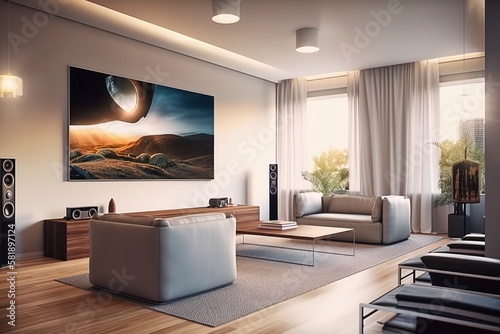 Modern Living Room with Leather Sofa and Flat-Screen TV, AI Generated