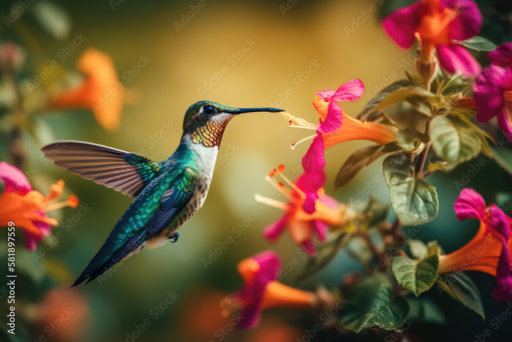 Fototapeta premium Humming Bird on suckle created with Generative AI Technology, ai, generative