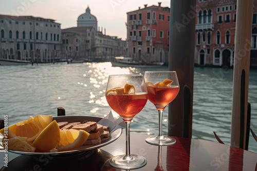 Cocktail, aperitif for two with the view of Venice in the background. Two glasses of spritz with lemon and straws and a plate of snacks