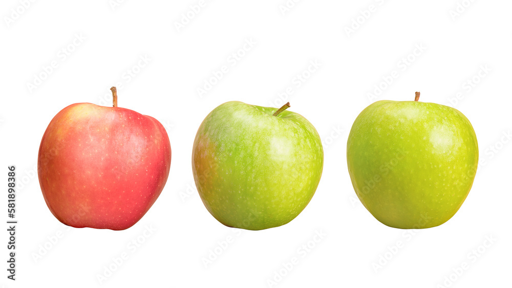 Three apples, two green and one red. Isolated png with transparency Three apples, two green and one red. Isolated png with transparency