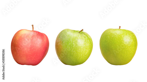 Three apples  two green and one red. Isolated png with transparency