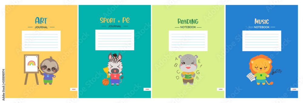 School notebook cover template set. Cute notepad workbook design with school subject headers. Stationery print. Safary animals kawaii style illustrations. Elementary education teaching resourses. School notebook cover template set. Cute notepad workbook design with school subject headers. Stationery print. Safary animals kawaii style illustrations. Elementary education teaching resourses.