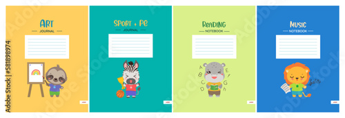 School notebook cover template set. Cute notepad workbook design with school subject headers. Stationery print. Safary animals kawaii style illustrations. Elementary education teaching resourses.