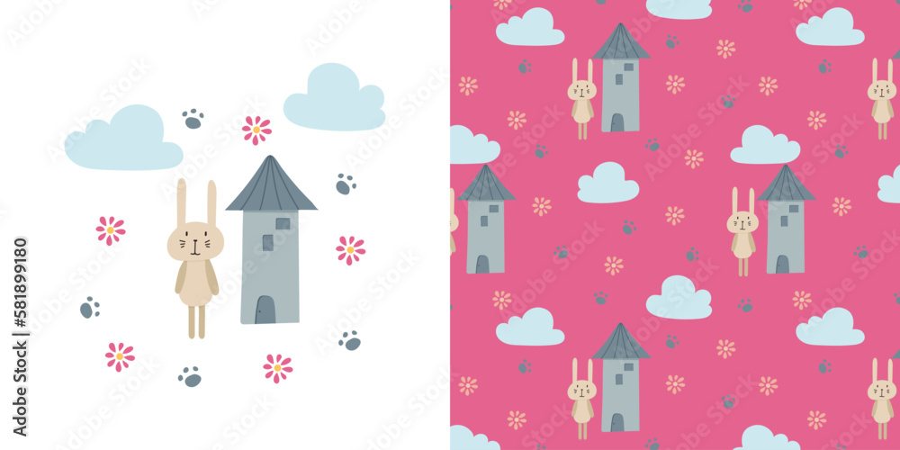 Children's card and seamless pattern. Children's pattern with a cute rabbit and a house