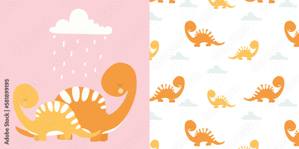 Fototapeta premium A set of pattern and postcard. Postcard with dinosaurs. Mother and baby dinosaur. Cute dinosaurs