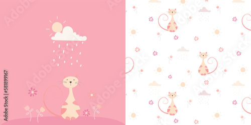 Set of cards and seamless backgrounds with a cat. Cute children's pattern. Postcard with a cat. Cute kitty