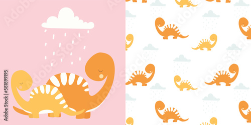 Fototapeta Naklejka Na Ścianę i Meble -  A set of pattern and postcard. Postcard with dinosaurs. Mother and baby dinosaur. Cute dinosaurs