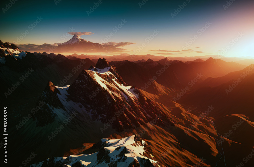 Mountains at sunrise. Generative AI.