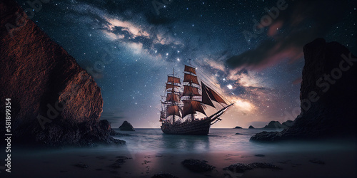 Pirate ship at night, astrophotography style. AI generated illustration