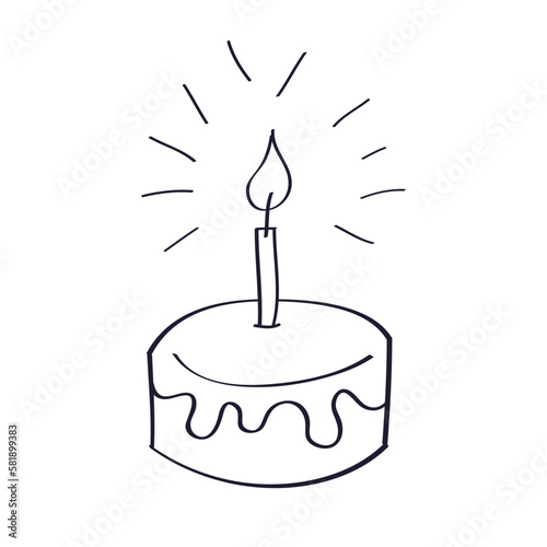 Birthday cake gift with one candle cartoon doodle line icon isolated vector illustration, first year anniversary.