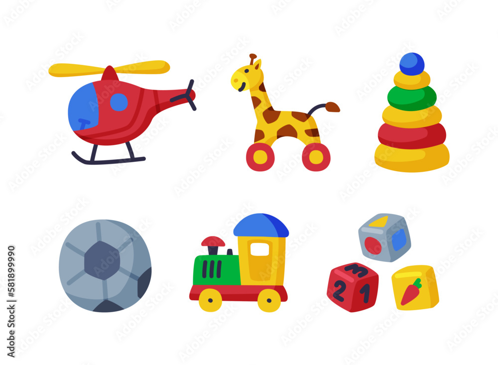 Fototapeta premium Different Colorful Kids Toy from Nursery Vector Set