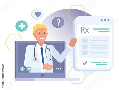 Online Doctor Giving the Prescription Drug by laptop. E-health. Virtual RX Form. Telemedicine Healthcare Concept. Remote Medical Examination. Telehealth Videocall Medical Consultation by Internet