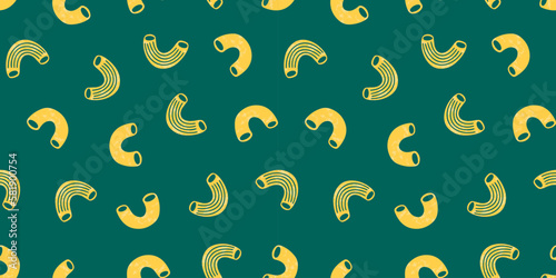 Italian pasta seamless pattern isolated on green background. Macaroni pasta. Modern print for menu design, cookbooks, invitations, greeting cards.